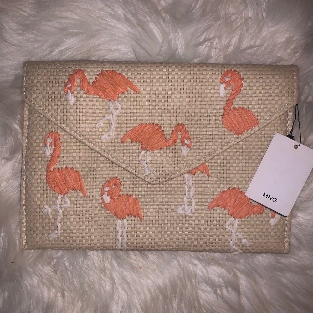 Mango flamingo envelope straw clutch